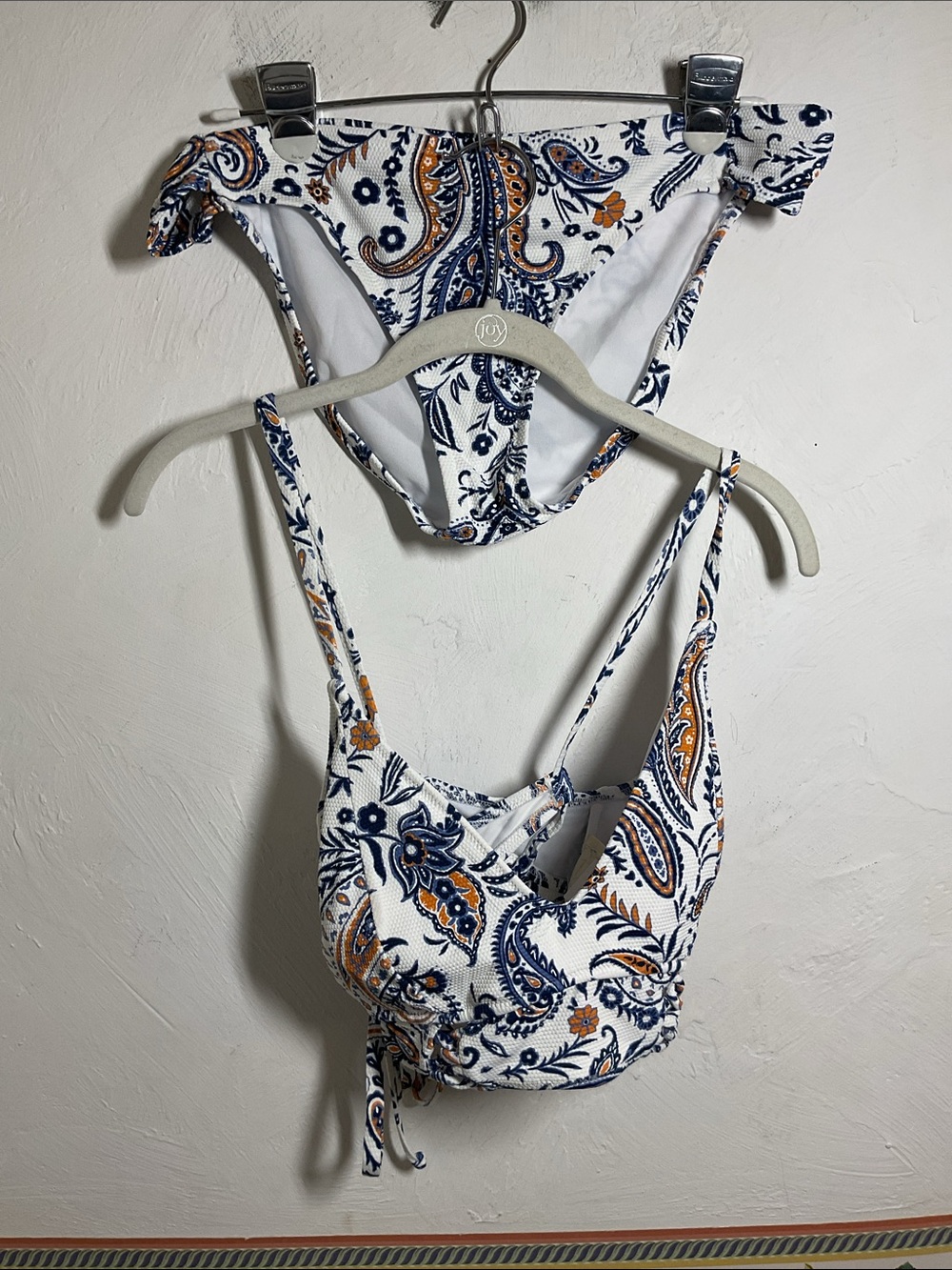 Jessica Simpson Paisley Textured Bikini Set Size L Blue Orange White NWOT